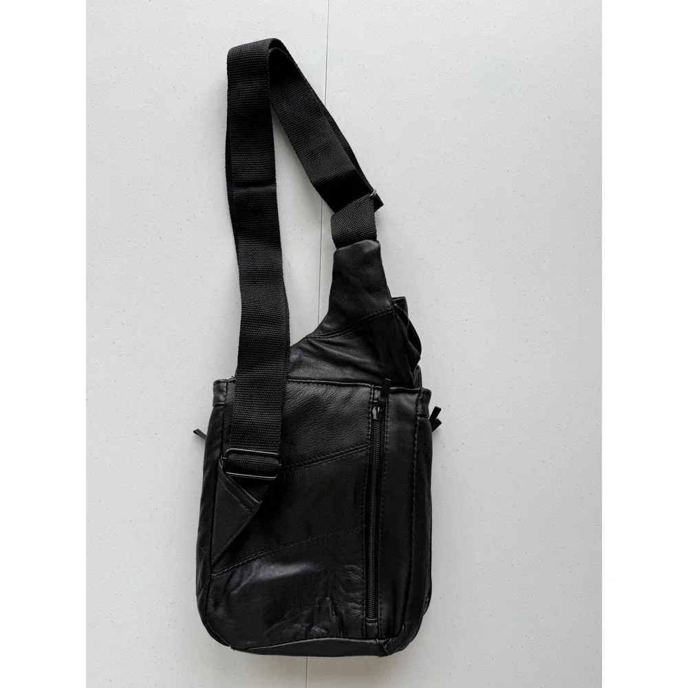 Buxton Vintage 90s Y2K Unisex Black Leather Travel Crossbody Bag Sling Messenger